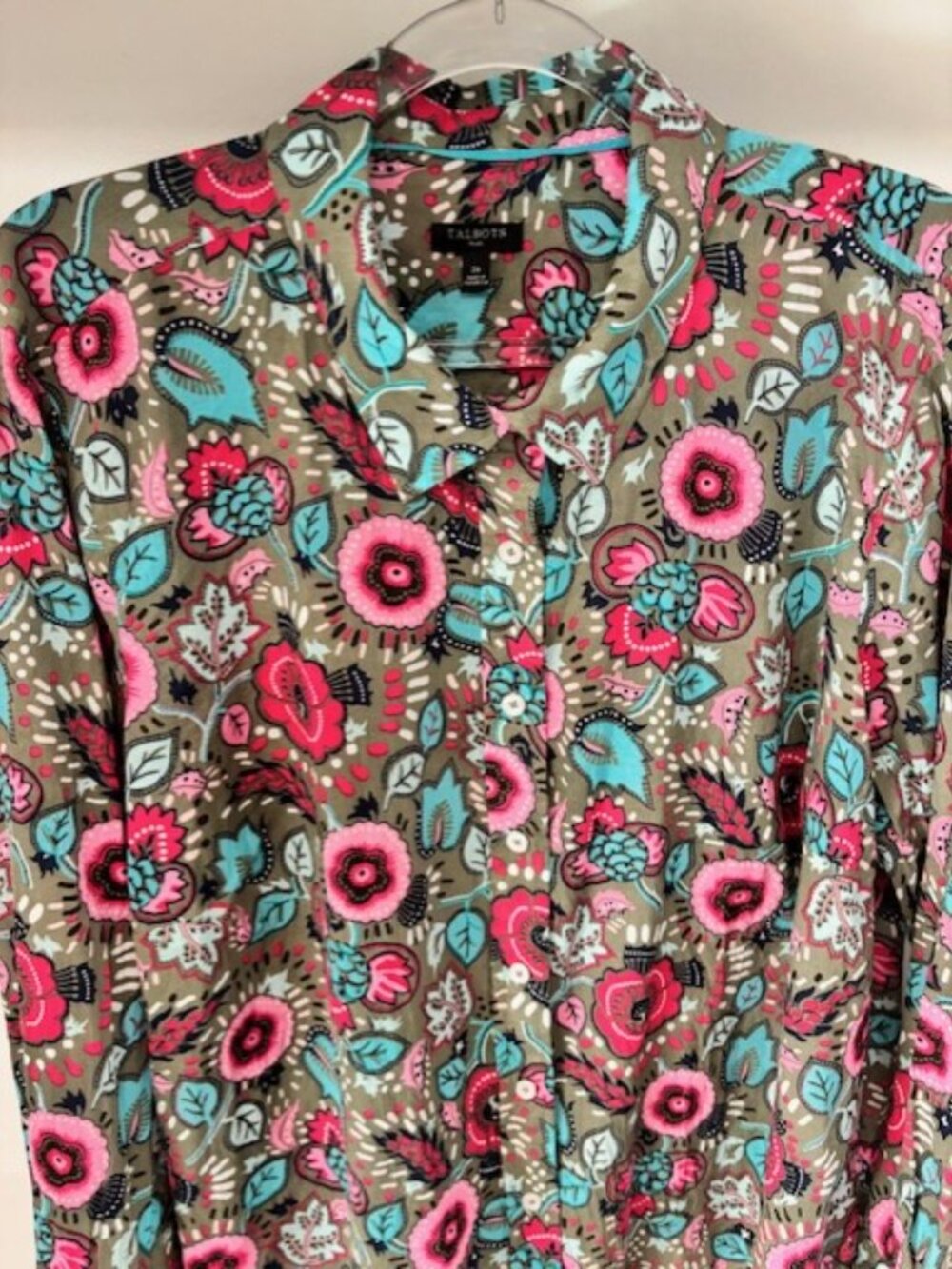 Talbots Plus Olive Pink Floral Long Sleeve Button Front Boho Shirt Lightweight